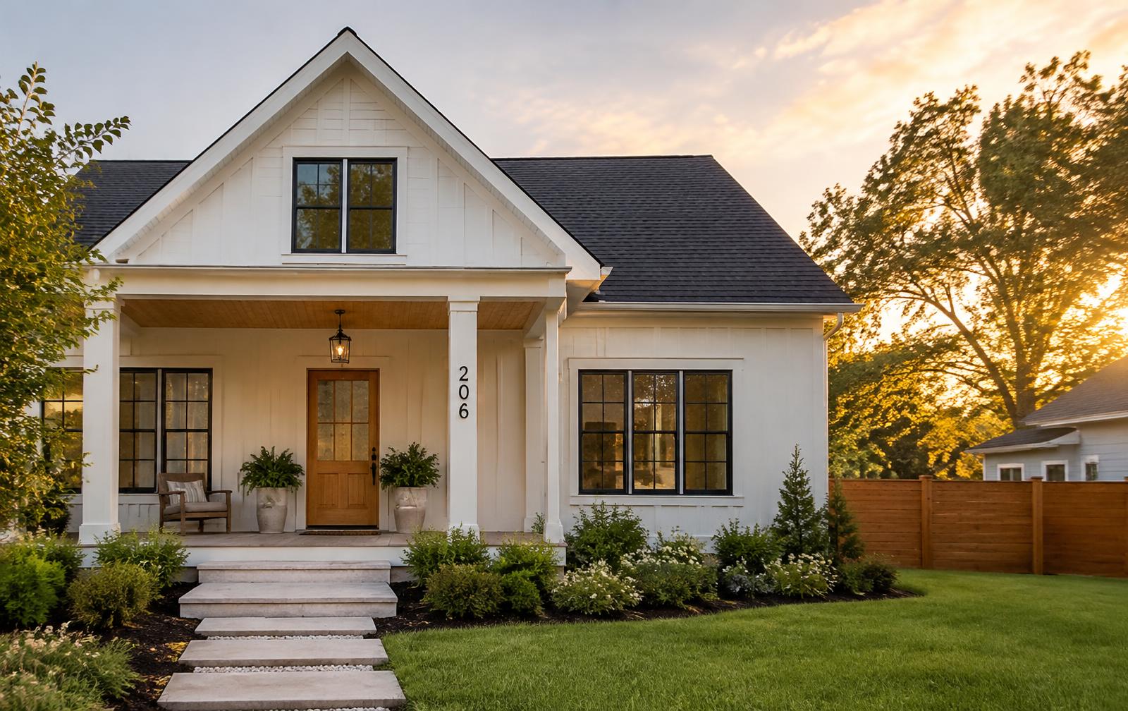 Renovated white farmhouse exterior at sunset