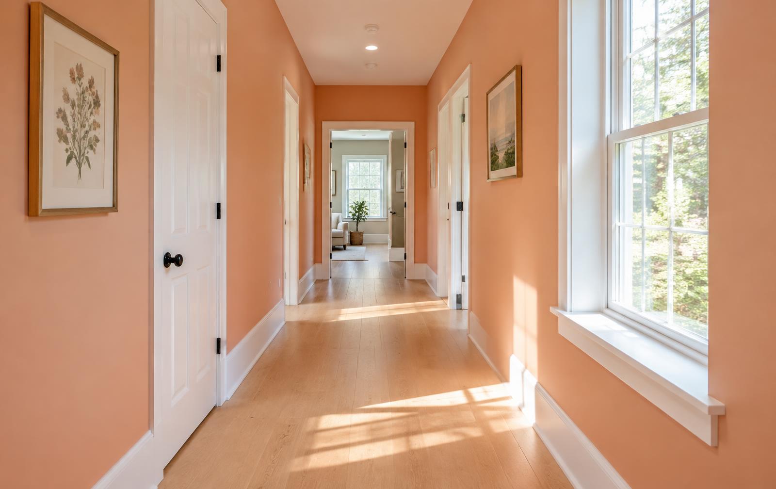 Peach painted hallway with white trim