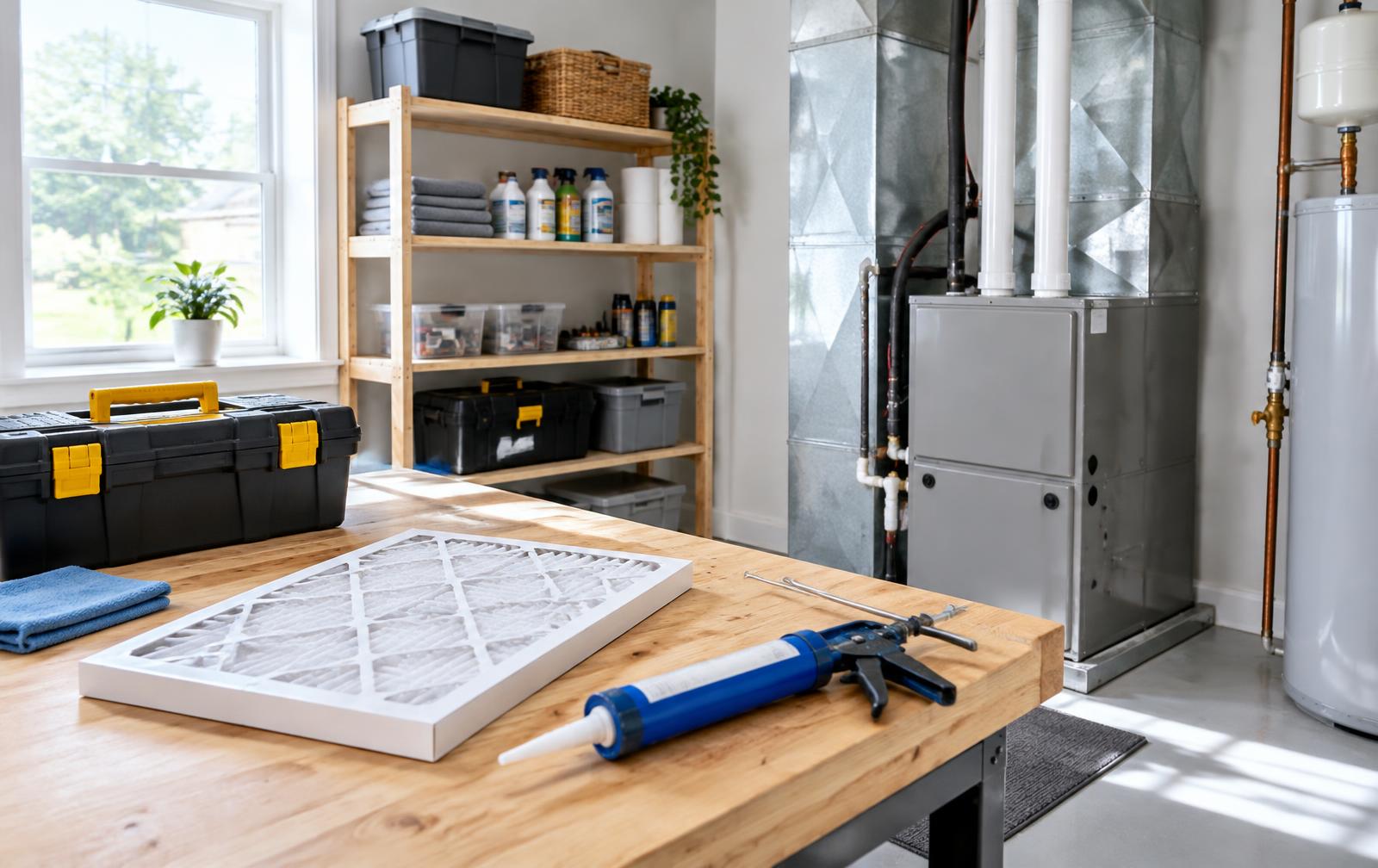 Utility room workbench with an air filter and caulk gun