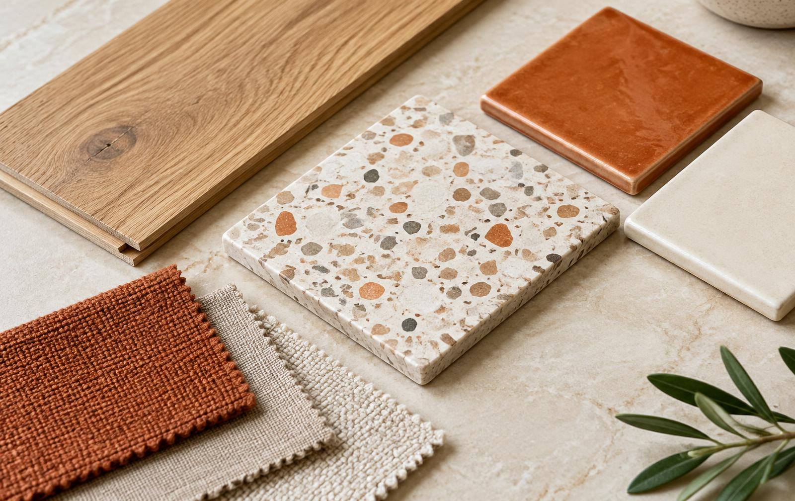 Wood, terrazzo, tile, and fabric samples