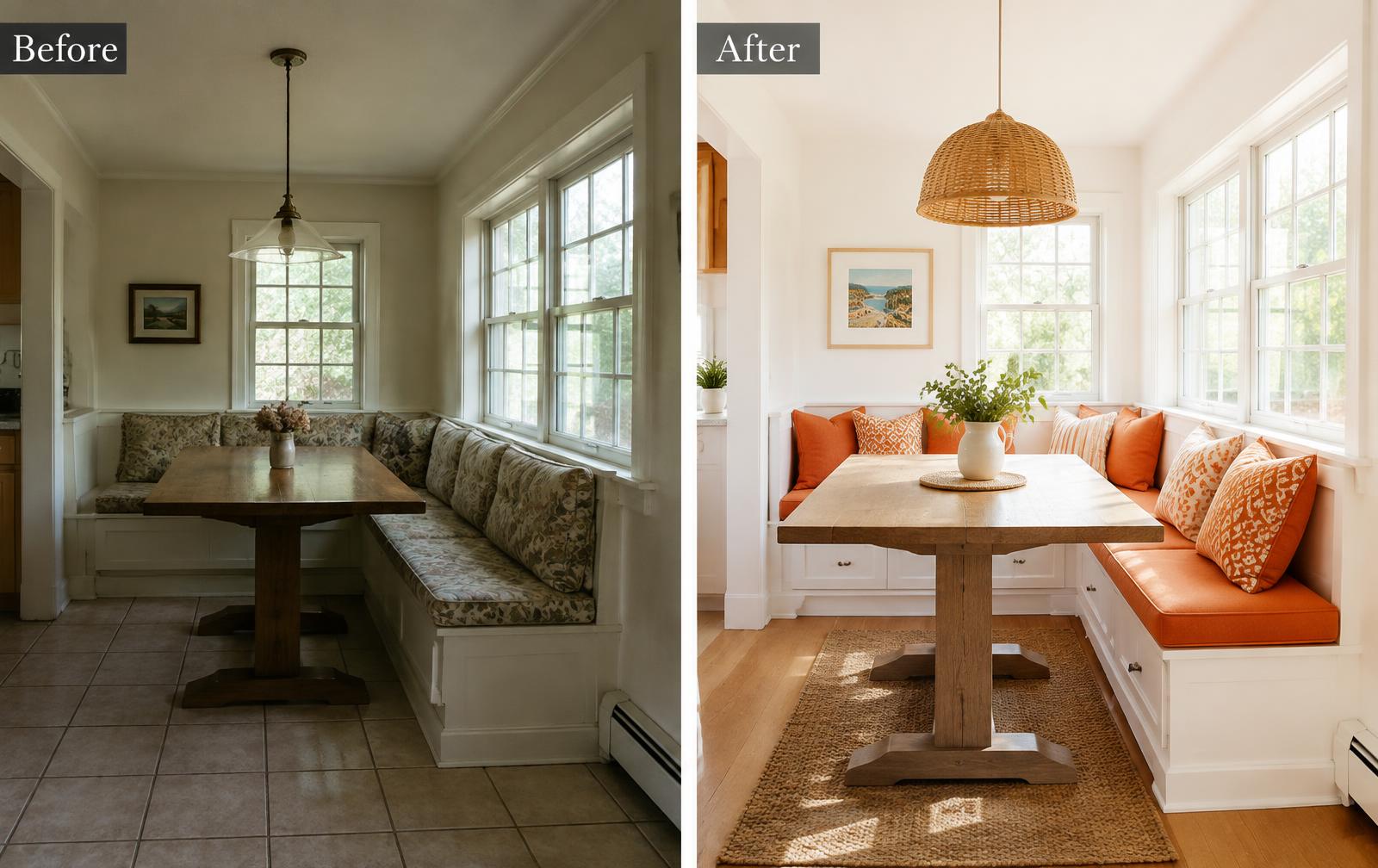 Breakfast nook shown before and after renewal